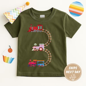 May include: Olive green t-shirt featuring a train design in red, pink, and blue. The train graphic forms the number 3 with a track of brown railroad ties. A party hat and cupcake are in the background.