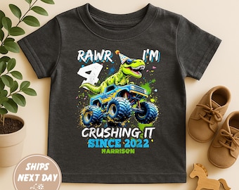 Rawr I’m 4 Crushing It Since 2022 Toddler Shirt, Dino Monster Truck Party Tee, Personalized Kids Birthday Shirt, Toddler 4th Birthday Outfit