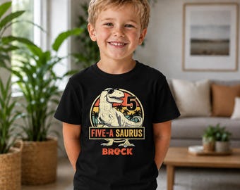 Personalized Five-A-Saurus 5th Birthday Shirt, Custom Dinosaur Birthday Tee, T Rex Birthday Party Shirt, Fifth Birthday Toddler Gift