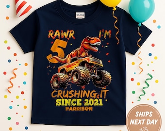 Dinosaur Monster Truck Birthday Shirt For Boys, Rawr I’m Crushing It 5th Birthday Tee, Kids Party T-Shirt With Personalized Name