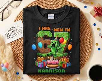 Personalized I Was 6 Now I’m 7 Birthday Shirt, 7th Birthday Gaming Shirt, Minecraft Birthday Tee, Pixel Birthday Party Outfit