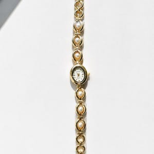 Elegant Pearl Bracelet Watch, Gold Oval Dial, Vintage Style Ladies Jewelry