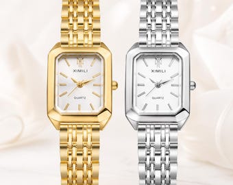 Minimalist Rectangle Watch, Gold Silver Bracelet, Vintage Style Quartz Wrist Watch