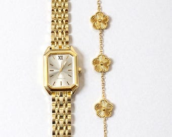 Goldene Damen Uhr & Armband Set – Minimalistische quadratische Uhr – Luxus Schmuck Geschenk für Sie