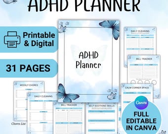 ADHD Planner and Brain Dump Journal | Cleaning Schedule, Family Chore Chart & Task Tracker | Canva Editable Social Media Digital Planner