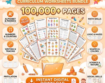 100000+ Kids Educational Bundle & Preschool Curriculum | PLR MRR Printable Worksheets, Homeschool Learning Games, Kindergarten Activities