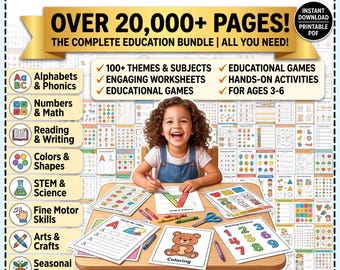 20000+ Kids Educational Bundle & Preschool Curriculum | PLR MRR Printable Worksheets, Homeschool Learning Games, Kindergarten Activities