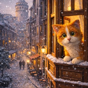 Istanbul Cat Window Print Set, Galata Tower, Rainy Day (Digital Download
