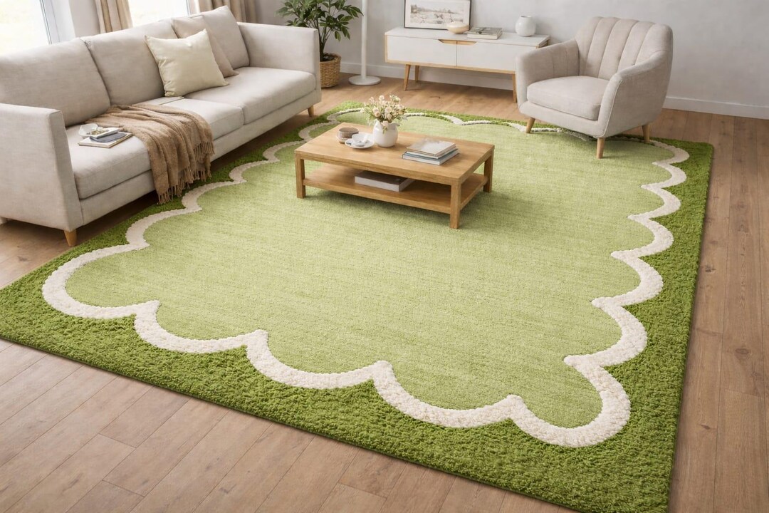 Green Scalloped Border Tufted Wool Rug – Modern Handmade Area Rugs ...