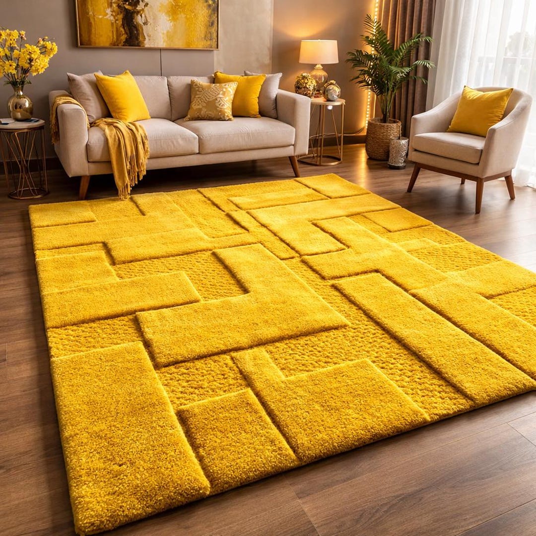 Good Composition Yellow Rug Yellow High Low Pile Wool Rug, Modern Tufted Area, Mustard Yellows ...