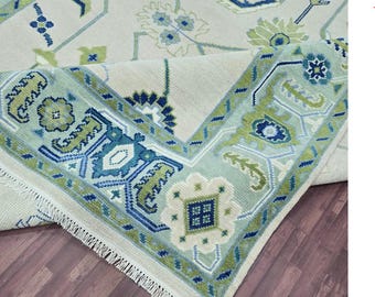 Handmade Green & Blue Oushak Wool Rug | Traditional Turkish Soft Pastel Home Décor Carpet