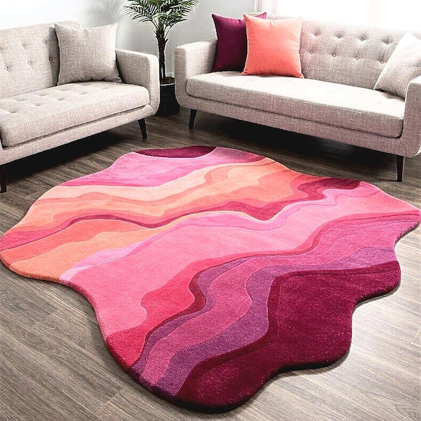 Abstract Magenta Pink / Warm Sunset Waves Rug – Green-Yellow & Magenta High-Low Pile Statement Carpet