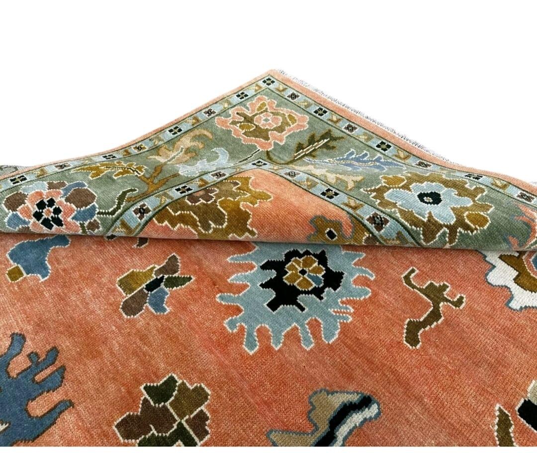 Vintage Style Peach Rug With Green & Blue Floral Motifs | Traditional ...