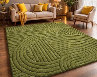 Green Abstract Wool Rug, Modern Geometric Hand Tufted High Low Texture Contemporary Home Decor