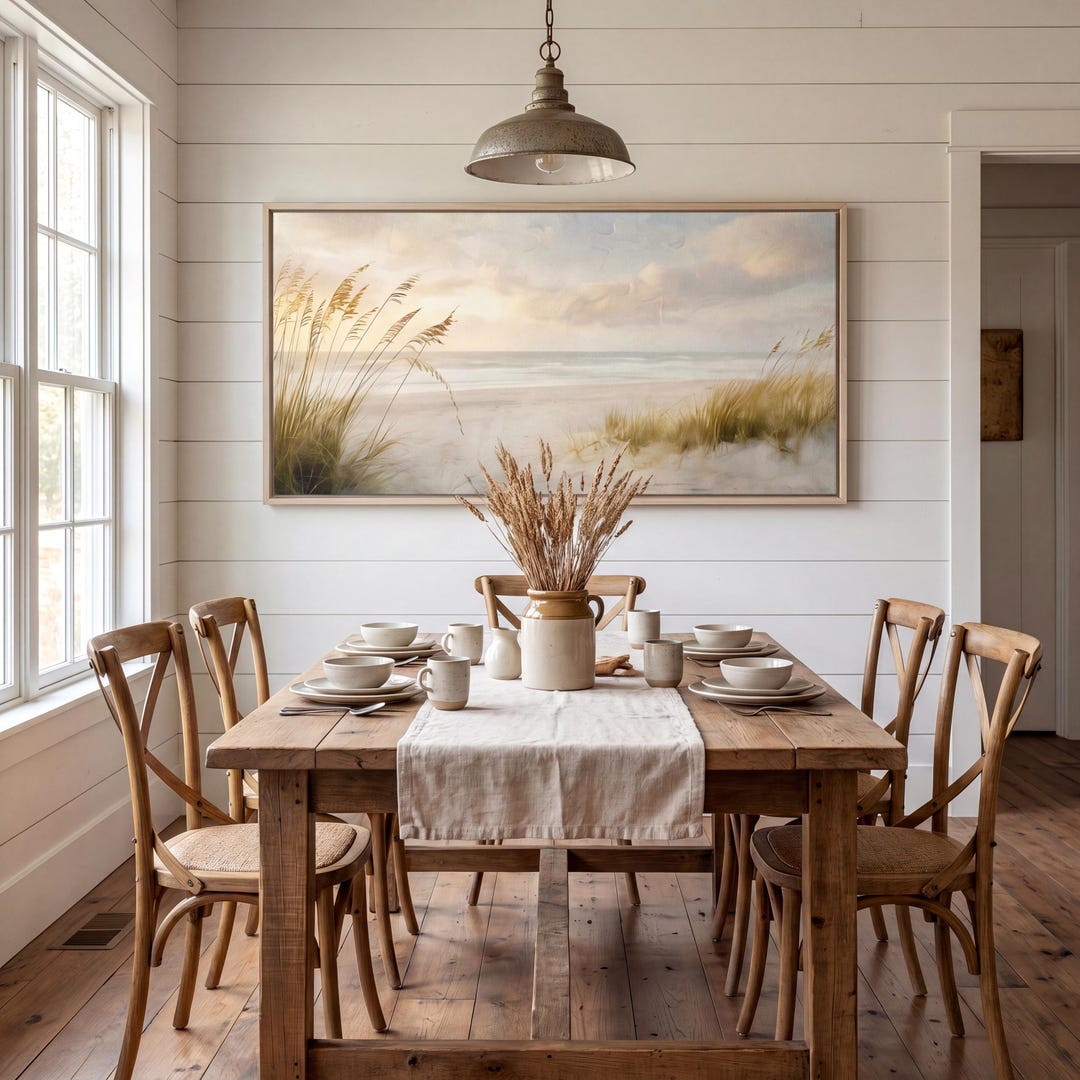 Coastal Beach Framed or Unframed Canvas Print Sand Dunes Wall Art Ocean Painting Panoramic