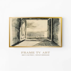海岸の窓からの眺めを描いたフレーム付きテレビアート、ヴィンテージ風フレンチドアのスケッチ、海の風景の鉛筆画、ミニマリストな海の景色を描いたテレビ装飾、デジタルダウンロード