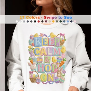 Bewahren Sie Ruhe und Hop On Ostern Sweatshirt, Faux Patchwork Häschen Top, Retro gesteppten Stil Ostergeschenk, niedlichen Frühling Unisex Pullover, Häschen Liebhaber