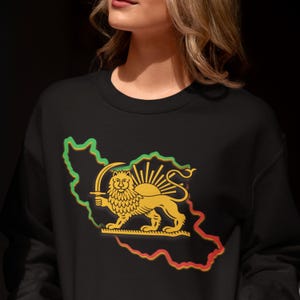 Puede incluir: Sudadera negra con un emblema dorado de león y sol con una espada, sobre un contorno verde, rojo y amarillo de un país. El diseño está centrado en la parte delantera de la sudadera.