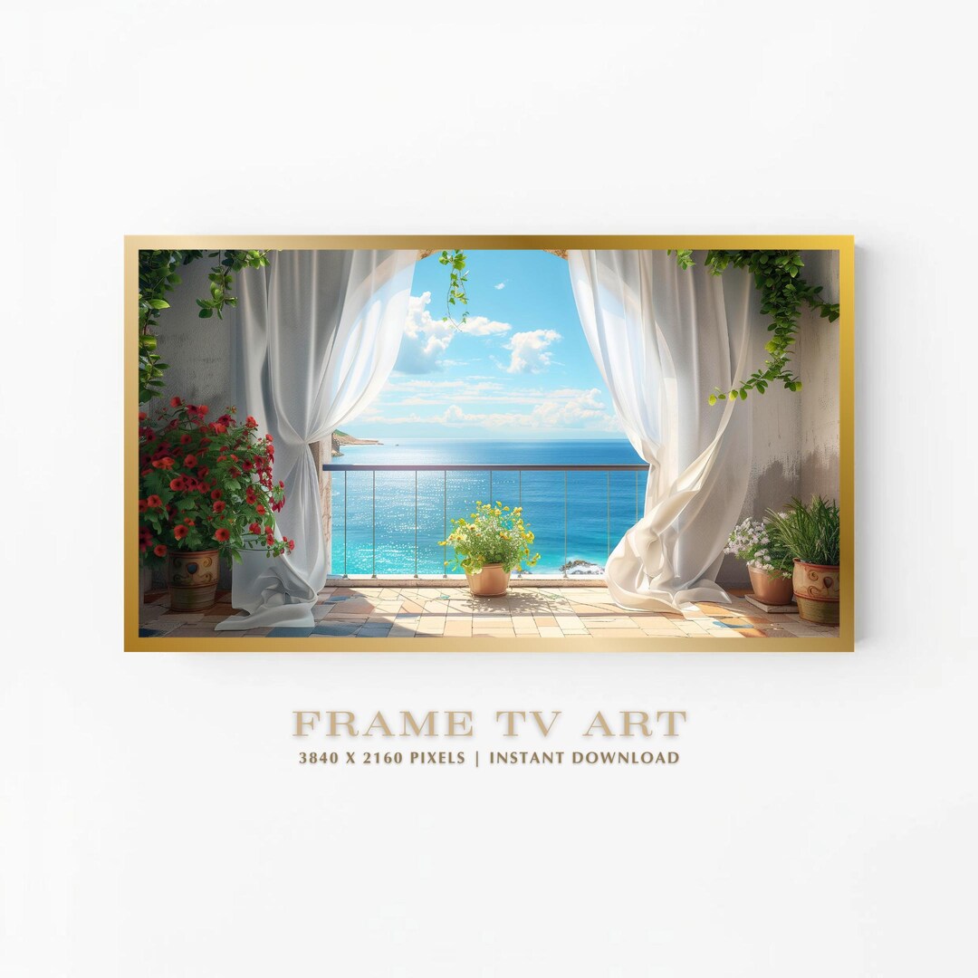 Balcony View Frame Mediterranean Balcony Frame TV Art, Coastal Window Sea View Painting ...