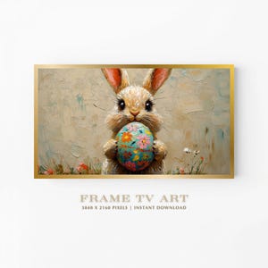 Cuadro de Pascua para TV con diseño de conejo y huevo floral pintado al óleo / Fondo de pantalla digital con estampado de conejo primaveral para Samsung Frame TV AuraSceneHub