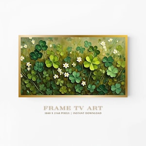 St. Patrick's Day Clover Meadow Frame TV Art, Spring Wildflower Impasto Oil Painting Digital Wallpaper, Green Shamrock Samsung TV Background