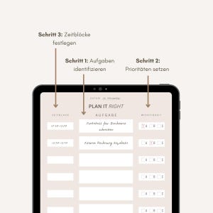 Può includere: Un tablet digitale che mostra un pianificatore di produttività con la scritta "PLAN IT RIGHT". Il pianificatore include sezioni per blocchi di tempo, attività e livelli di priorità, con voci scritte a mano e caselle di controllo.