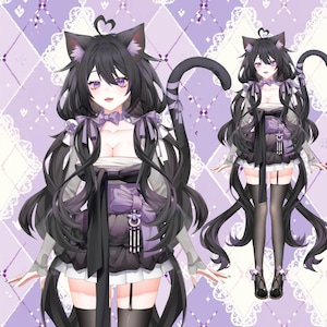 以下が含まれることがあります： 黒い髪、猫耳、尻尾を持つキャラクターのデジタルイラスト。キャラクターは、リボンとハート型のヘアアクセサリーが付いた紫と黒のドレスを着ています。背景は紫色のダイヤモンド柄です。