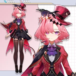 Op de afbeelding: Illustratie van een anime-stijl personage met roze haar en paarse ogen. Het personage draagt een rood en zwart outfit, inclusief een jas, rok en cape. Een bijpassende hoed en een boek maken de look compleet.