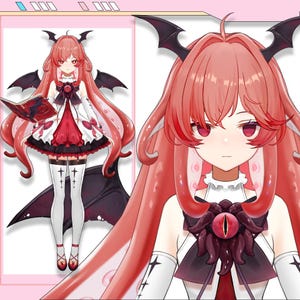 May include: A digital illustration of a character with long, flowing red hair and red eyes. The character wears a white and red dress with black accents, bat-wing-shaped hair accessories, and black stockings. The character is holding a book with a red cover.