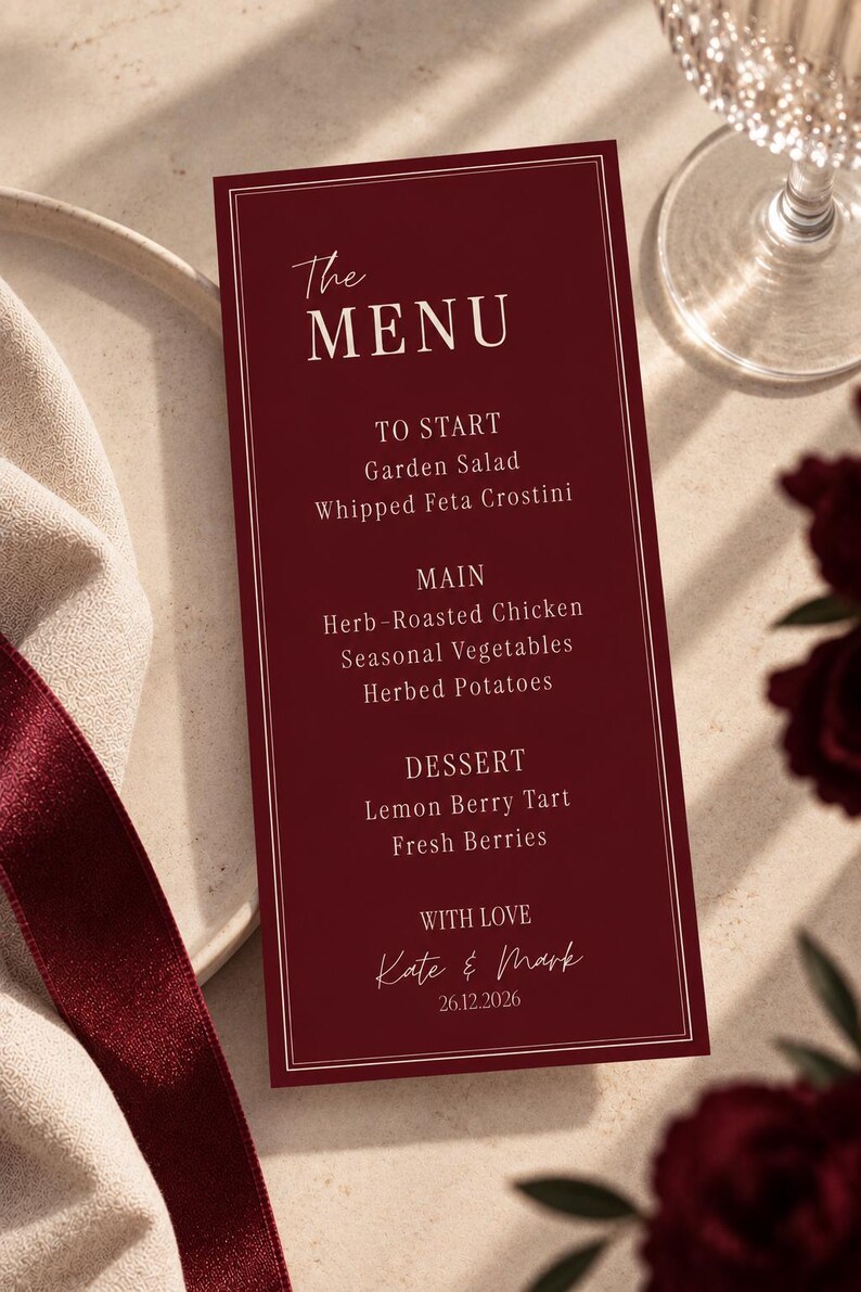 Burgundy Cream Wedding Menu Template, Editable Canva Reception Burgundy Cream Wedding Menu Template, Editable Canva Reception