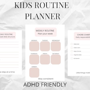 Puede incluir: Un planificador blanco con el texto "KIDS ROUTINE PLANNER". Incluye secciones para rutinas diarias y semanales, y un cuadro de tareas. El planificador está etiquetado como "ADHD FRIENDLY".