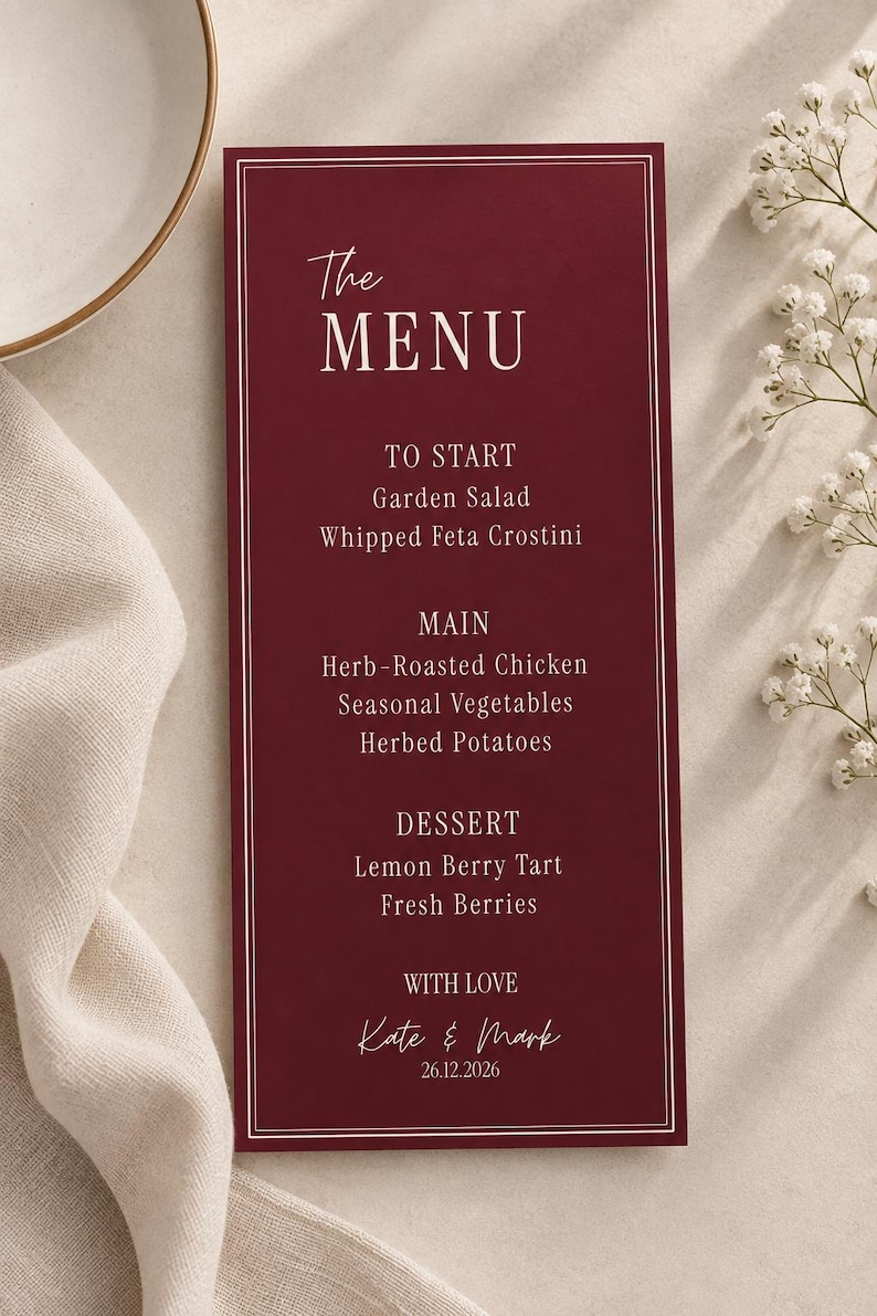 Burgundy Cream Wedding Menu Template, Editable Canva Reception Burgundy Cream Wedding Menu Template, Editable Canva Reception
