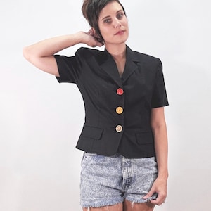 Vintage 80s 90s Black Linen Blazer Short Sleeve Shoulder Pad Jacket Colorful Statement Button