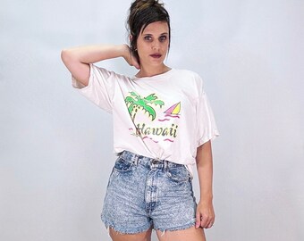 Vintage 90s T Shirt Tropical Neon Palm Tree Hawaii Screen Print Soft Worn-In Tee