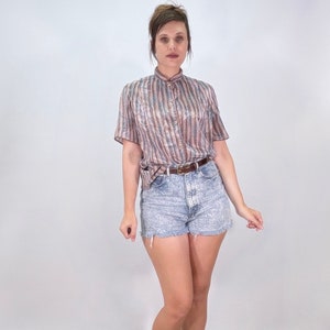 Vintage 70s 80s Blouse Pink Striped Button Up Western Collared Shirt