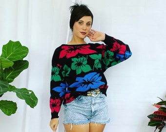 Vintage 80s Sweater Womens Bright Floral Oversized Jumper