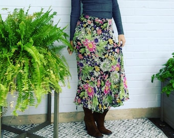 90s Vintage High Waisted Chiffon Boho Midi Skirt