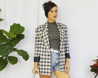 Vintage 80s Plaid Tweed Boyfriend Blazer Chaqueta