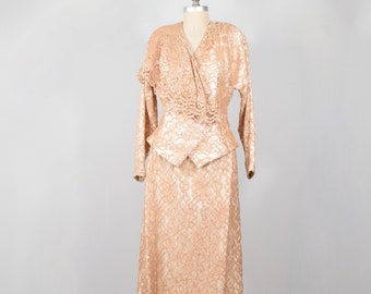 Vintage 80s Skirt Suit Beige Lace Blazer + Maxi Skirt Formal Dress Gown