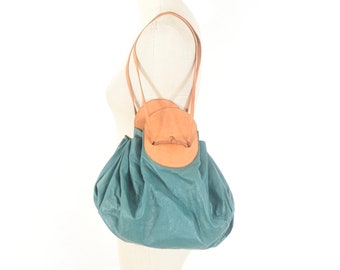 Vintage Purse Teal Soft Buttery Leather Cinched Bucket Shoulder Bag