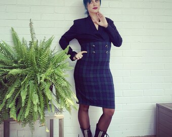 Vintage 1980's Green Plaid Long Sleeve Secretary Empire Waist Sheath Dress