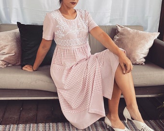 Abito midi vintage anni '90 a quadretti rosa, prendisole a quadri pastello in stile cottagecore, stile picnic