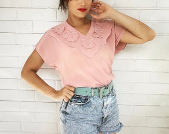 Blusa Vintage 80s Top Floral Bordado Seda Rosa Pastel