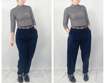 Vintage 90s Eddie Bauer Navy Blue Corduroy Pleated Pants High Waisted Pants Tapered Leg Trousers