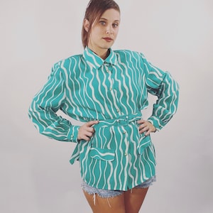 Vintage 80s Oversized Blouse Green Abstract Print Striped Button-Up Belted Tunic
