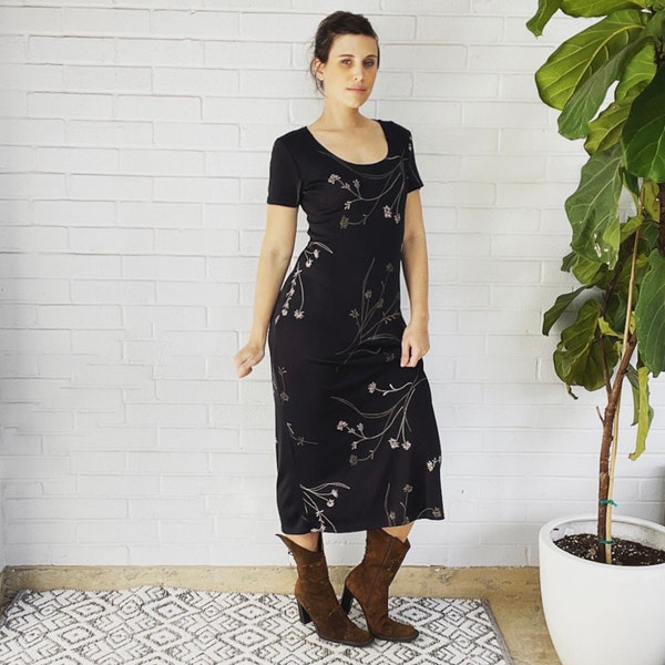 90s Vintage Black Floral Dress Goth Grunge Midi Slinky Knit