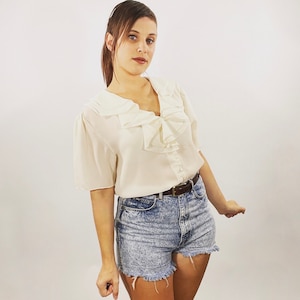 Vintage 80s Sheer White Blouse Ruffled Collar Chiffon Button-Down Top