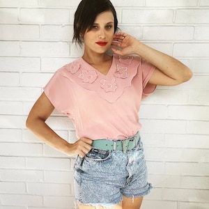 Vintage 80s Blouse Pastel Pink Silk Embroidered Floral Top