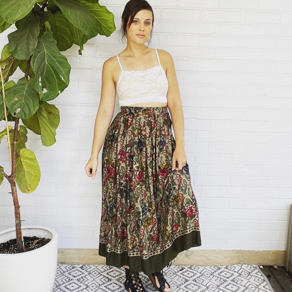 90s Vintage Paisley Floral Pleated  High Waisted Midi Maxi Circle Skirt Olive Green
