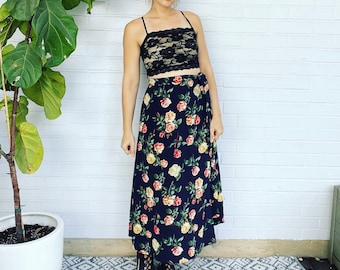 Vintage 90s Floral High Waisted Maxi Wrap Skirt Navy Blue Rose Pattern